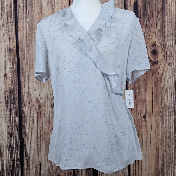 Vintage 90s DUE PER DUE Pale Blue Floral Blouse Silk Short Sleeve Ruffle NWT - Picture 1 of 12